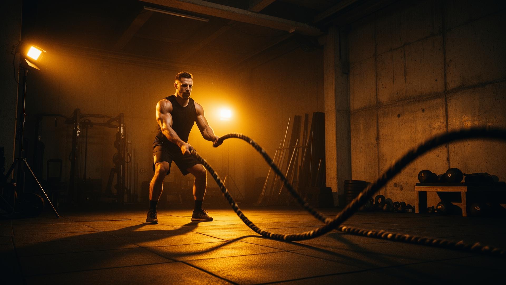 Athlete training with battle ropes in a warm-lit industrial gym