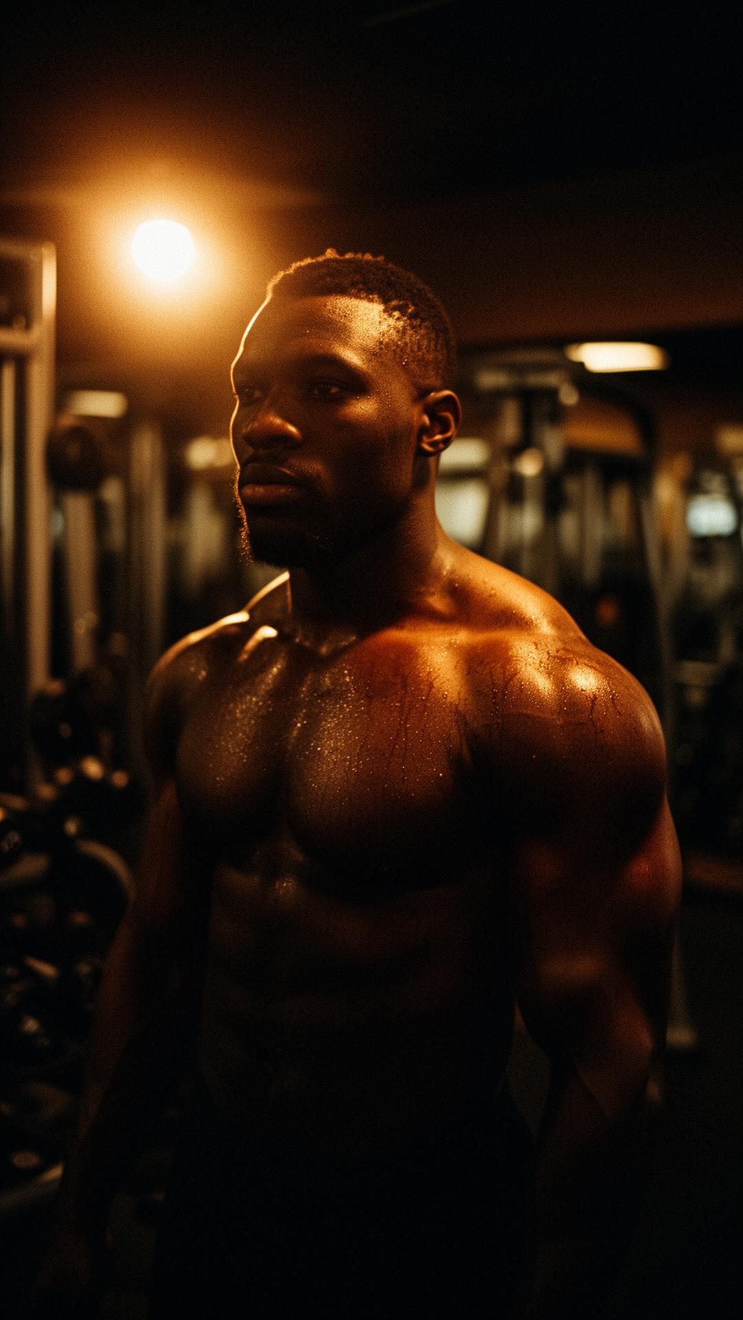 Strong Black male athlete mid-workout in a dimly lit gym, warm amber lighting