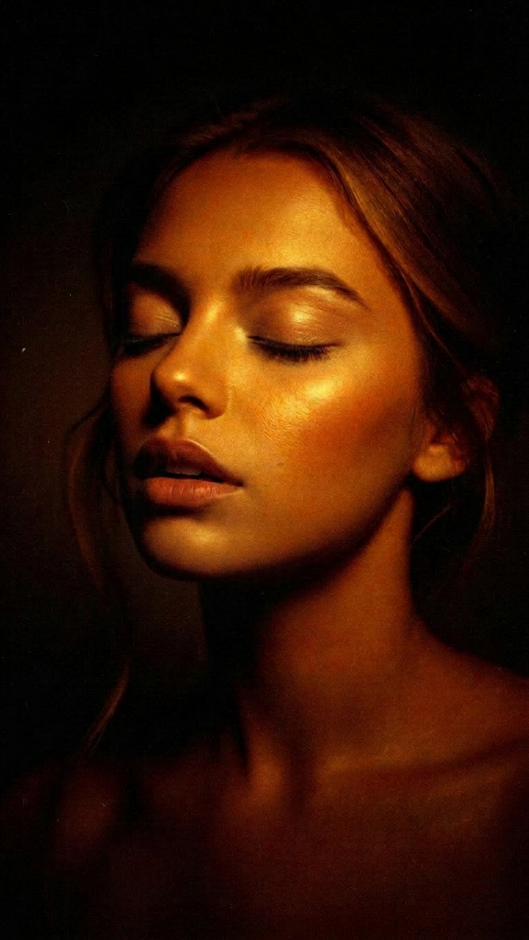 Contemplative woman bathed in warm amber light, evoking stillness and care
